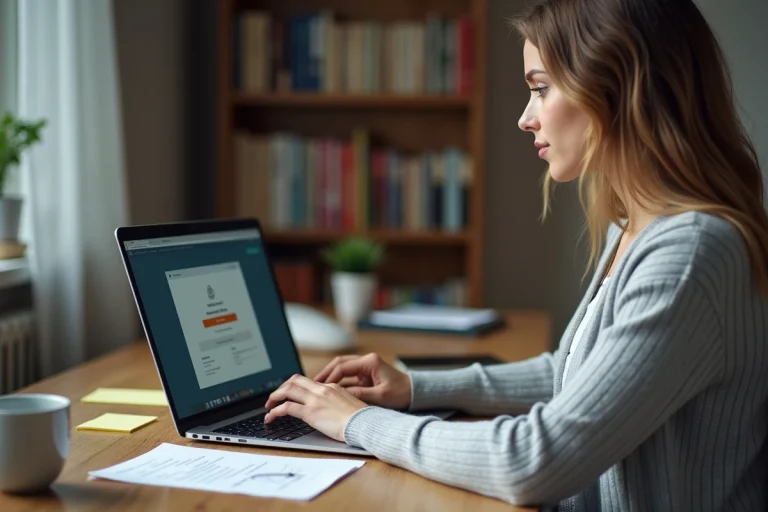 Femme activant une clé de produit Microsoft Office sur son ordinateur portable dans un bureau à domicile