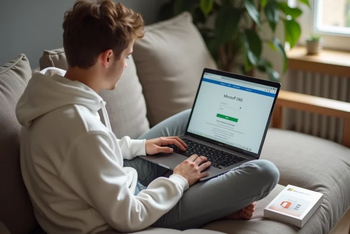 Jeune adulte activant une licence Microsoft Office depuis son canapé avec la boîte du produit et la clé imprimée à côté