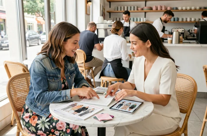 Deux amies discutant de tendances mode et de conseils shopping autour de magazines et planches de style dans un café