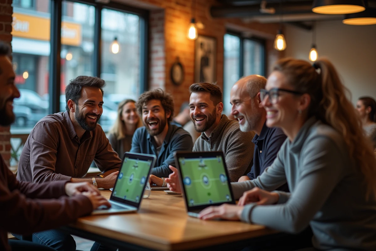 Groupe d amis regardant un match dans un café moderne