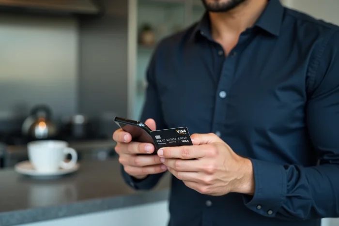 Homme utilisant une carte de crédit sur l'application Amazon mobile sans authentification 3D Secure