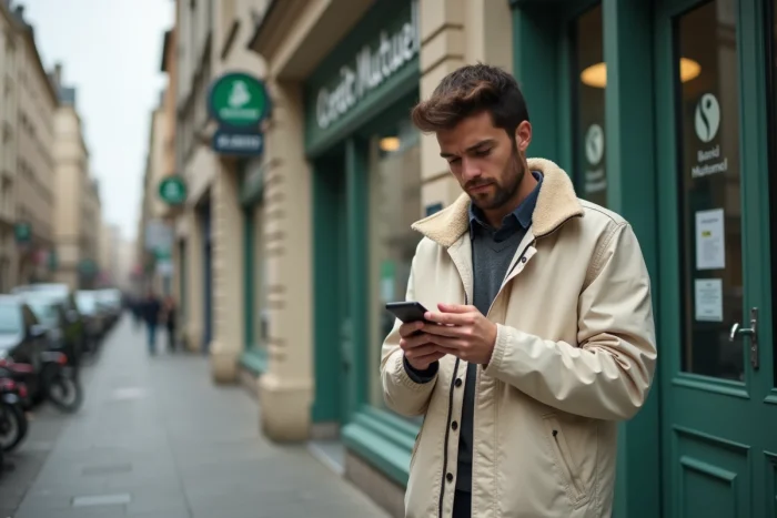 Jeune homme utilisant l'application mobile Crédit Mutuel pour gérer son plafond de retrait