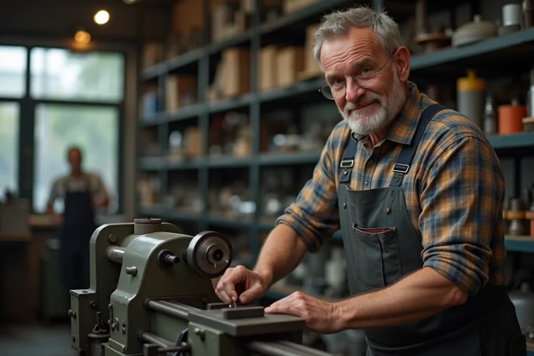 Artisan homme en atelier avec tour à métaux
