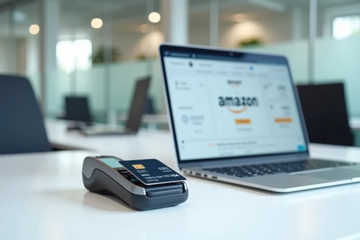 Bureau avec ordinateur affichant une page de paiement Amazon sans fenêtre de vérification 3D Secure