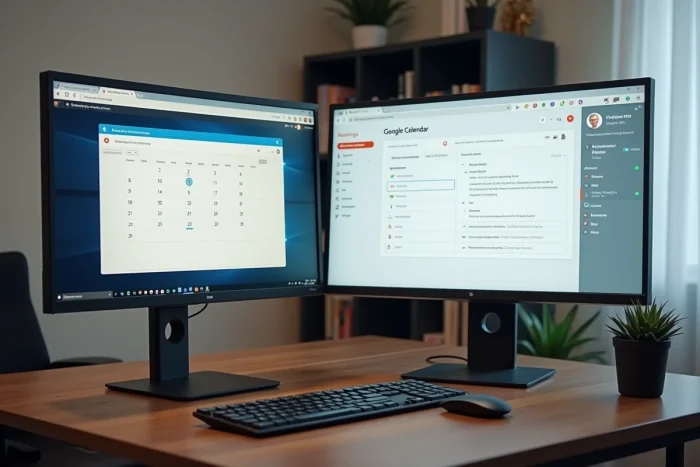 Bureau informatique avec deux écrans affichant Google Agenda et les paramètres de numéros de semaine dans un espace de travail moderne