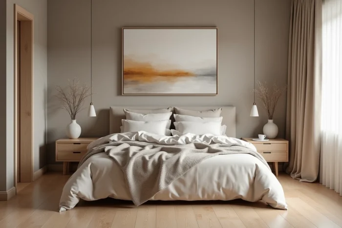 Chambre principale apaisante avec literie en lin naturel, tables de chevet en frêne et grande toile abstraite au-dessus du lit
