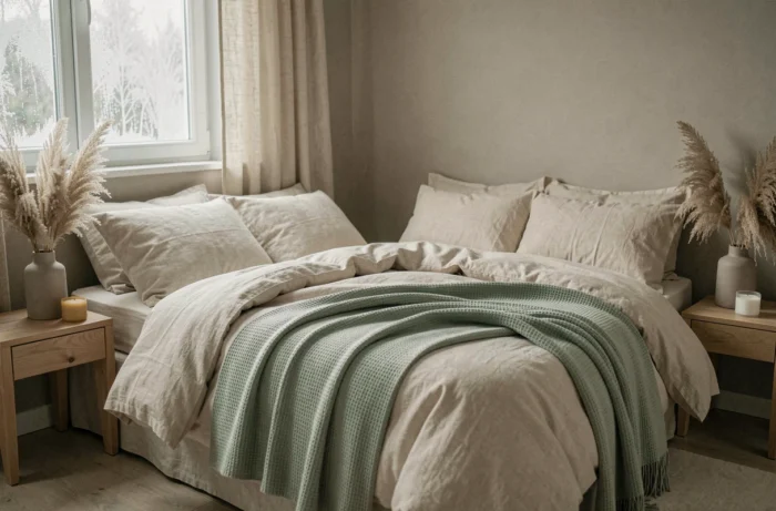 Chambre scandinave cosy avec literie en coton ivoire, plaid sauge et décoration minimaliste en bois naturel pour une atmosphère douce et apaisante