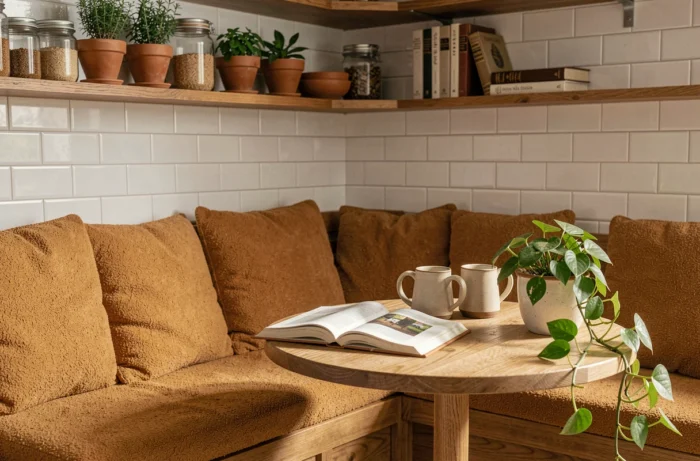 Coin cuisine cosy avec banquette boucle caramel, table en chêne et étagères en bois garnies de plantes et de pots en céramique pour une décoration intérieure chaleureuse