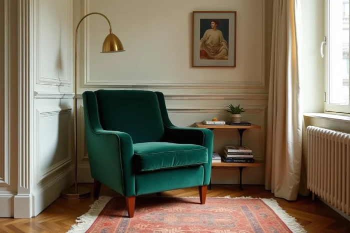 Coin lecture cosy avec fauteuil en velours vert et étagère en chêne dans un appartement de style haussmannien
