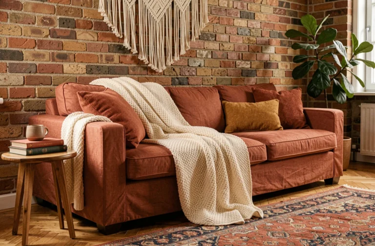 Coin salon chaleureux avec canapé en lin terracotta, plaid tricoté crème et mur en briques apparentes pour une décoration cosy et chaleureuse