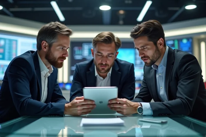Groupe de collègues consultant des tendances d'actualité sur une tablette dans une salle de rédaction moderne