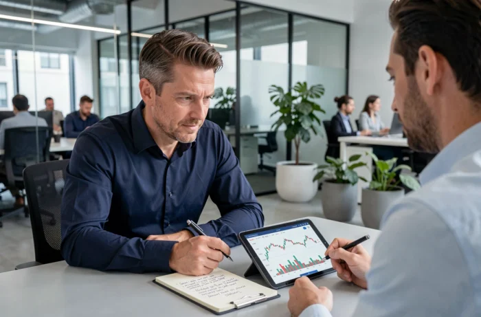 Homme discutant de ses objectifs financiers avec un conseiller dans un bureau moderne