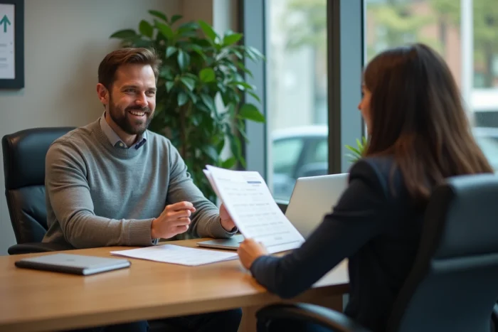 Client discutant avec un conseiller bancaire pour augmenter son plafond de retrait Crédit Mutuel