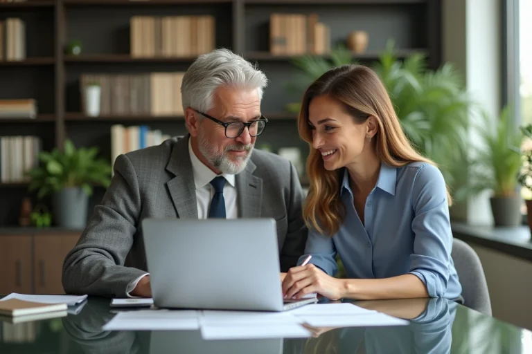 Couple d'adultes en tenue professionnelle dans un bureau lumineux