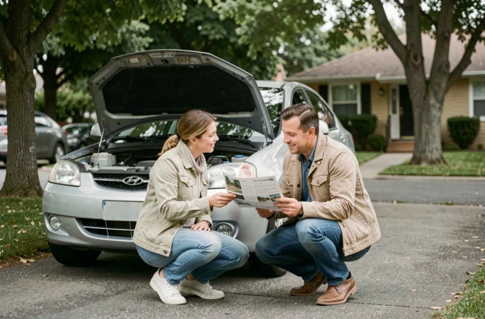 Un couple consulte un guide d'achat devant une Daewoo garée dans une allée résidentielle