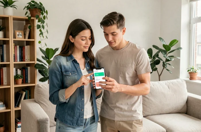 Jeune couple planifiant ensemble leurs finances personnelles sur un smartphone dans leur salon