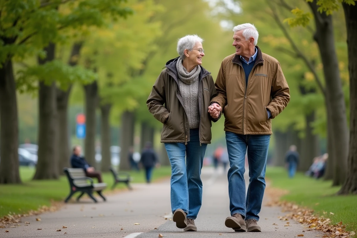 Couple retraité marchant dans un parc verdoyant