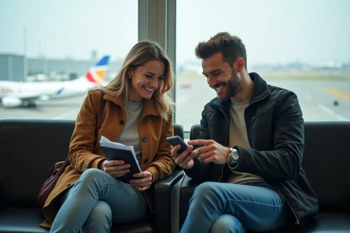 Couple consultant un smartphone à l'aéroport avec passeports et cartes d'embarquement avant le départ