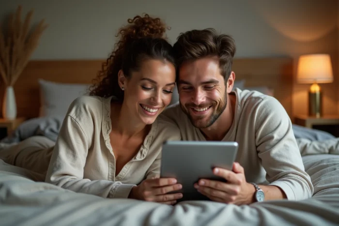 Couple choisissant un film à télécharger ensemble sur une tablette dans leur chambre à coucher