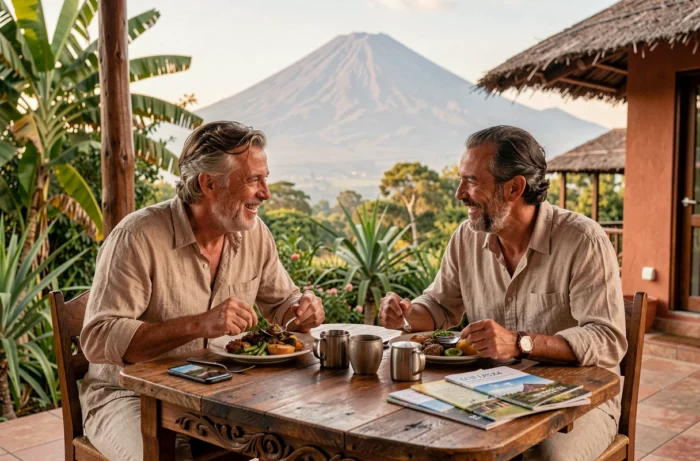 Couple en voyage sur mesure en Tanzanie déjeunant en terrasse avec vue sur le Kilimandjaro