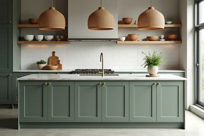 Cuisine moderne avec îlot en marbre Calacatta, étagères ouvertes et céramiques artisanales dans un intérieur contemporain