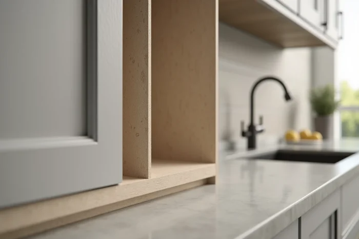Cuisine moderne avec portes de placard en mélaminé gris et structure intérieure en aggloméré apparent permettant une comparaison visuelle des matériaux