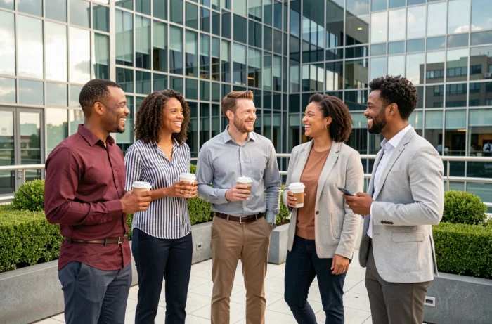 Groupe de professionnels engagés échangeant sur une terrasse de campus d'entreprise, symbole de culture d'entreprise positive et de performance collective
