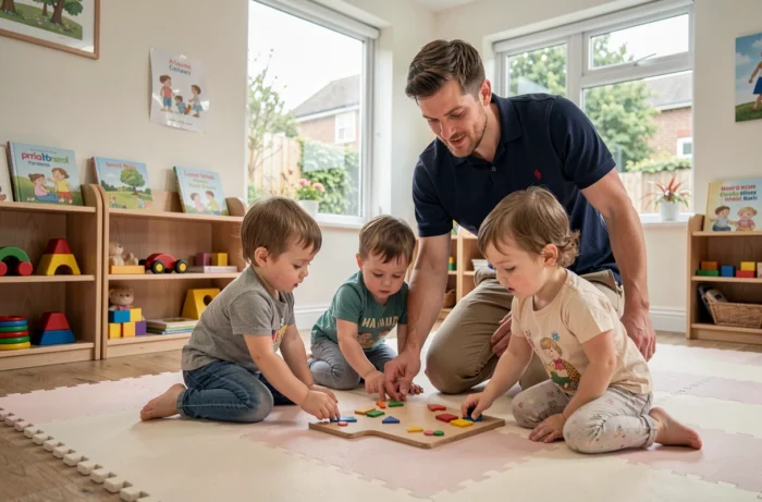 Éducateur de crèche jouant avec des tout-petits dans une salle d'activités colorée