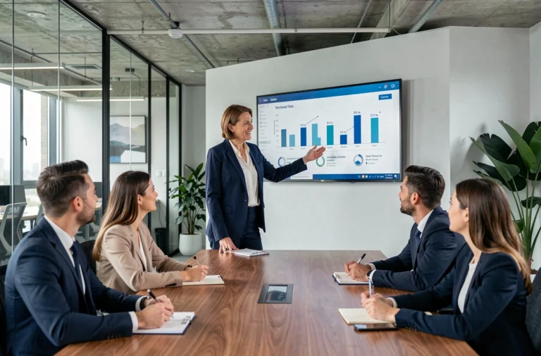 Responsable RH présentant des indicateurs de performance à son équipe lors d'une réunion d'engagement en open space moderne
