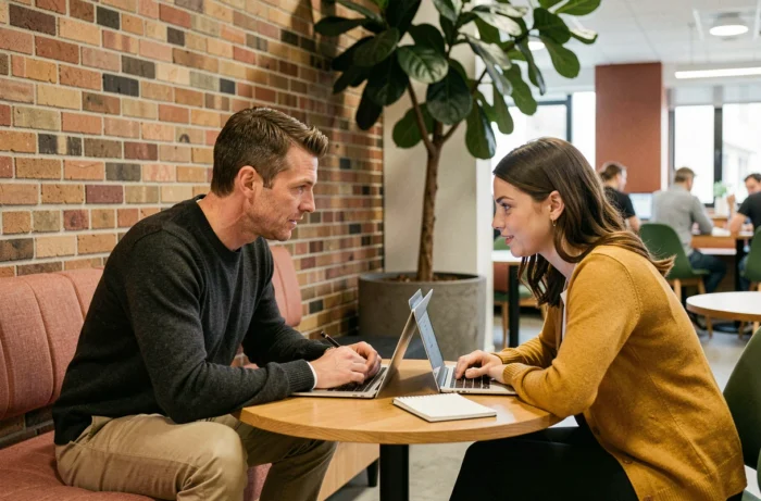 Manager et collaboratrice en discussion one-to-one dans un espace de travail informel, illustrant l'engagement managérial au quotidien