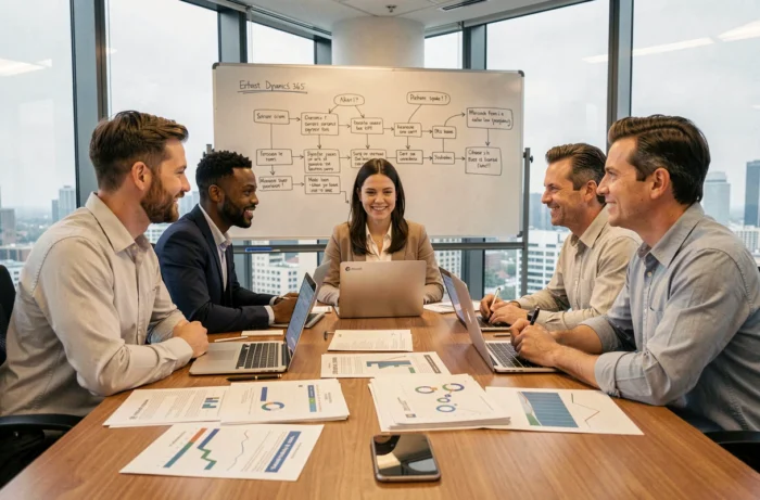 Une équipe de professionnels collaborant autour de rapports Microsoft Dynamics 365 lors d'une réunion d'entreprise en salle de conférence
