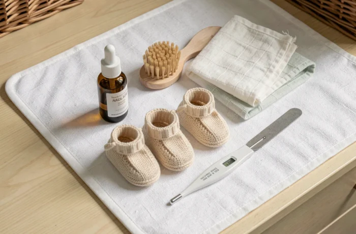 Flat lay des essentiels de puériculture pour prendre soin de bébé au quotidien disposés sur un matelas à langer