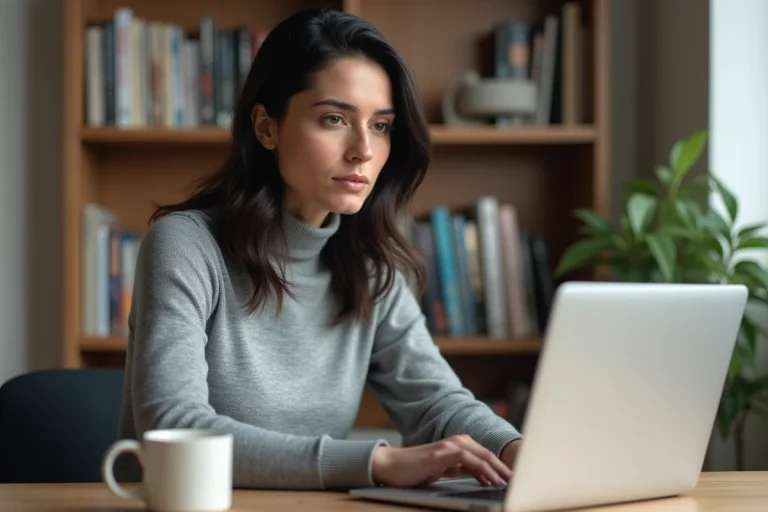 Femme concentrée consultant les dernières actualités sur un ordinateur portable dans un bureau à domicile moderne