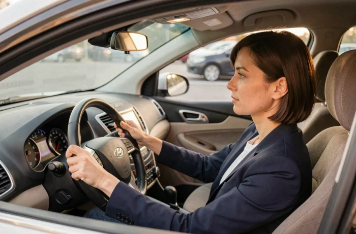 Une femme assise au volant d'une Daewoo hatchback explore le tableau de bord avant achat