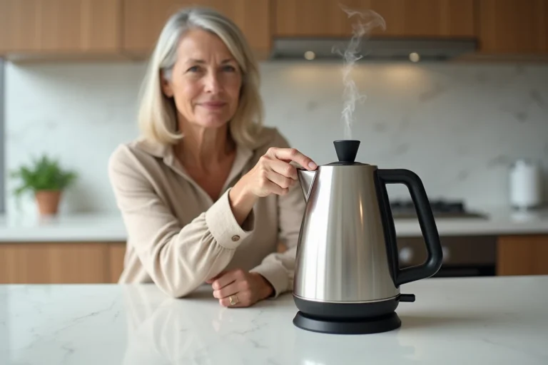 Femme choisissant une bouilloire électrique en inox dans une cuisine moderne, guide puissance bouilloire