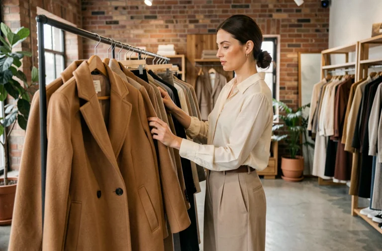Femme élégante en boutique tendance explorant une collection de vêtements sur un portant, mode automne hiver