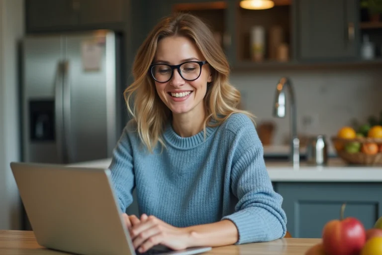 Femme souriante utilisant son ordinateur dans la cuisine