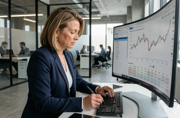 Femme cadre analysant des graphiques financiers sur un écran incurvé dans un bureau moderne en 2024