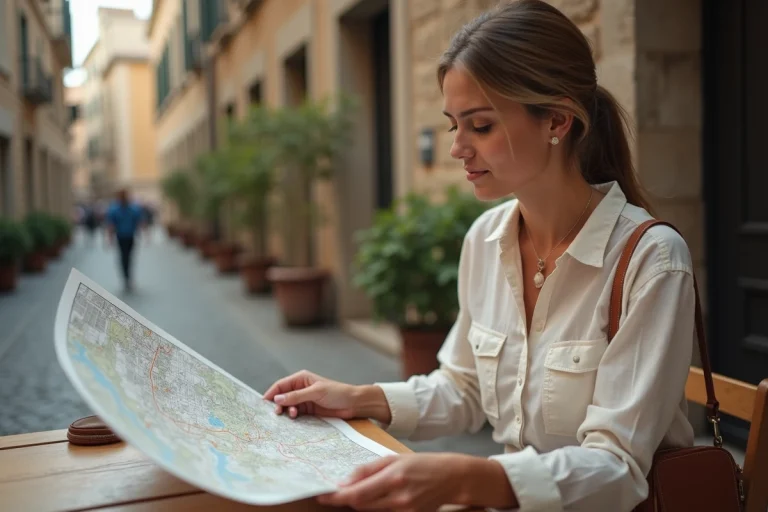 Femme consultant une carte de voyage dans un café en plein air dans une rue européenne pavée