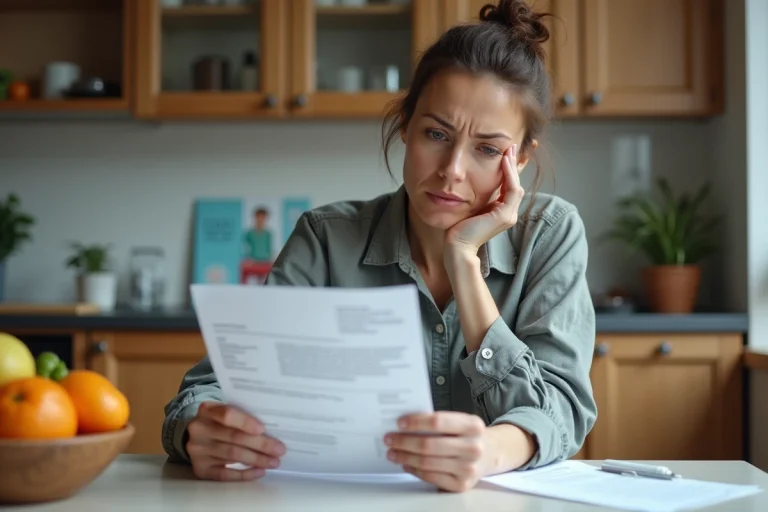 Femme d'âge moyen examine un rapport médical à la maison
