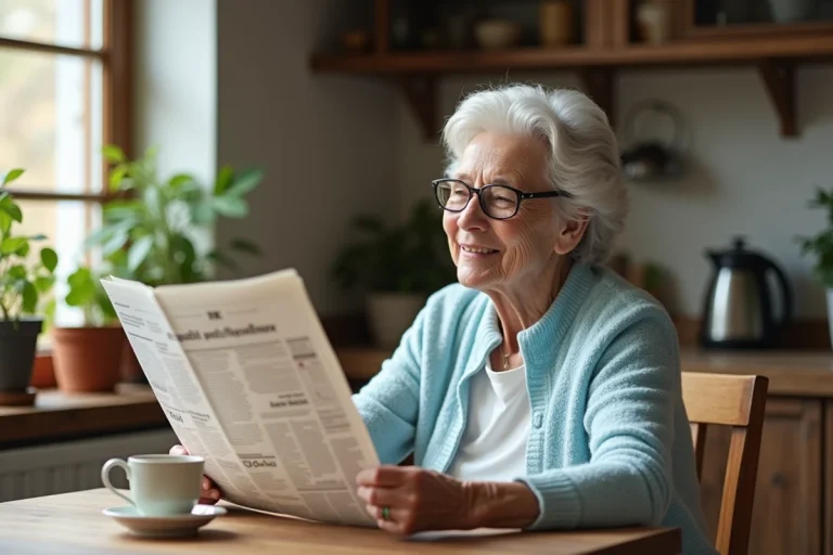 Femme âgée lisant un journal dans une cuisine lumineuse