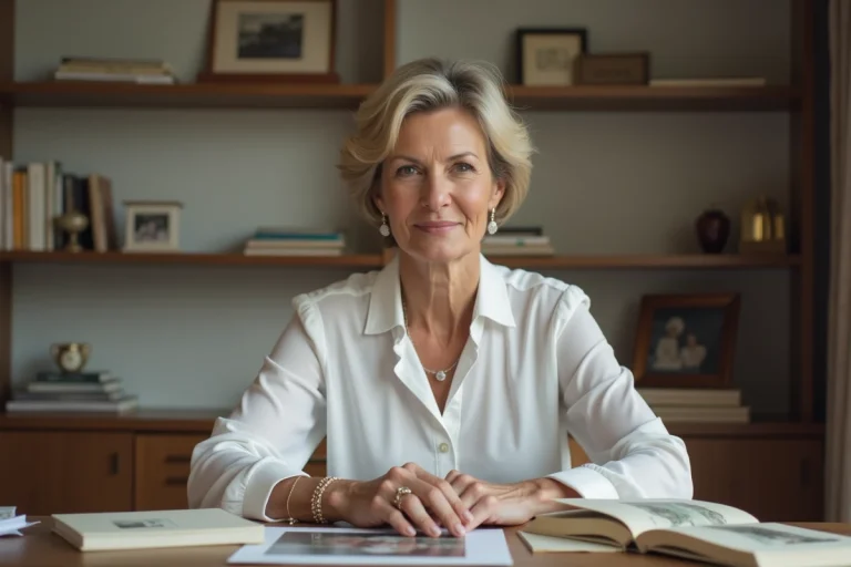 Femme élégante en bureau à la maison avec livres et photos