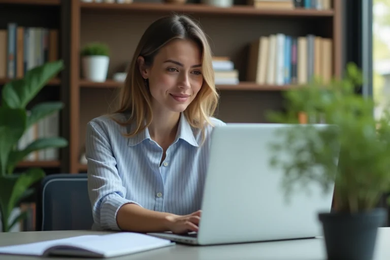 Femme concentrée lors d'une formation en ligne dans un bureau moderne