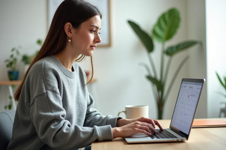 Femme consultant Google Agenda sur un ordinateur portable pour afficher les numéros de semaine dans un bureau à domicile moderne
