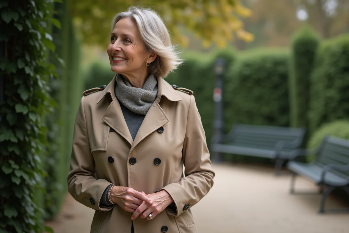 Femme parisienne en trench dans un jardin chic