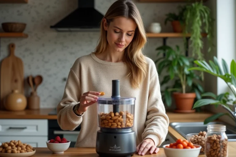 Femme en knitwear verse des amandes dans un robot de cuisine