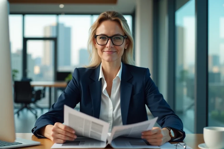Femme confiante en costume bureau dans un bureau moderne