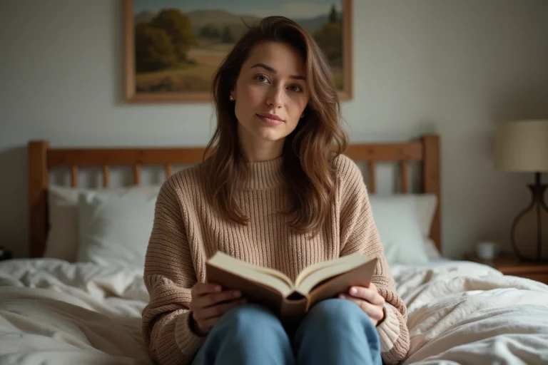 Femme en pull terre cuivré assise sur son lit avec journal