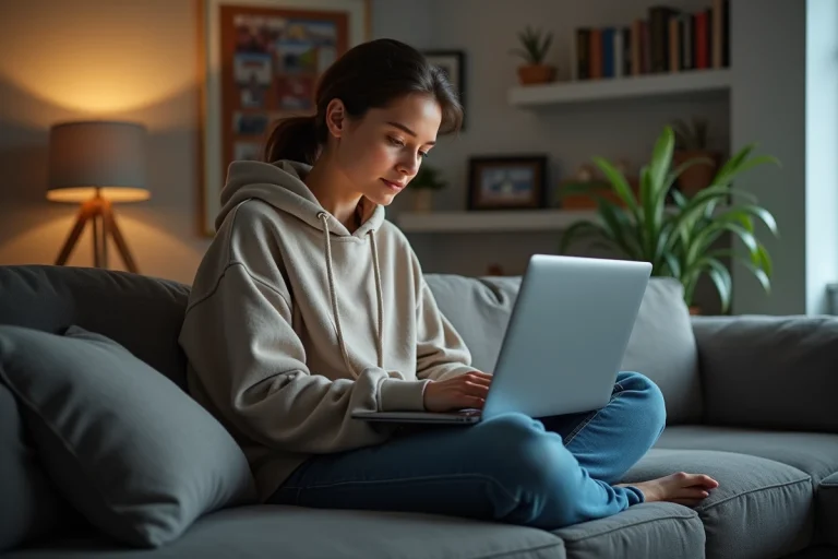Jeune femme regardant un match sur son laptop dans un salon