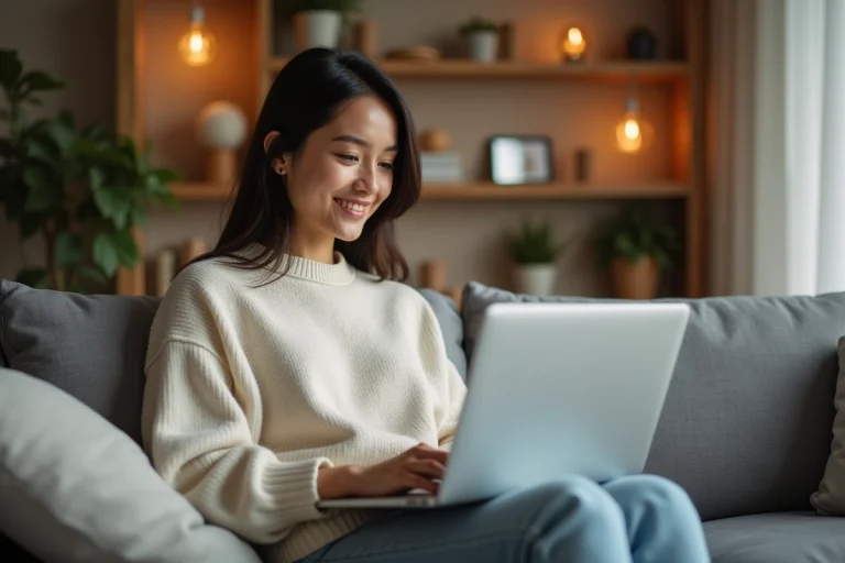 Jeune femme parcourant une plateforme de téléchargement de films sur son ordinateur portable depuis son salon
